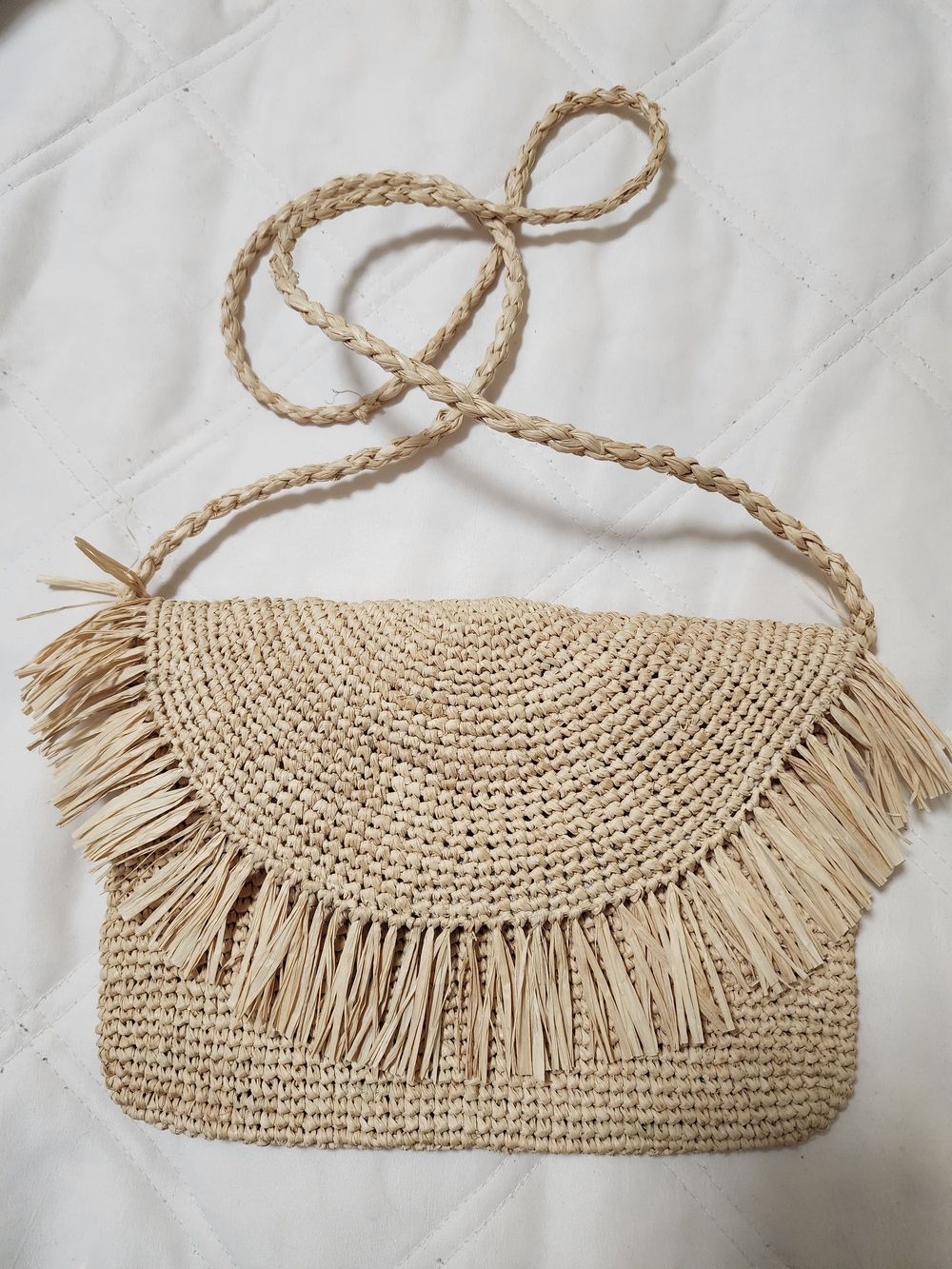 Neutral Raffia Fringe Crossbody Bag with Braided Strap